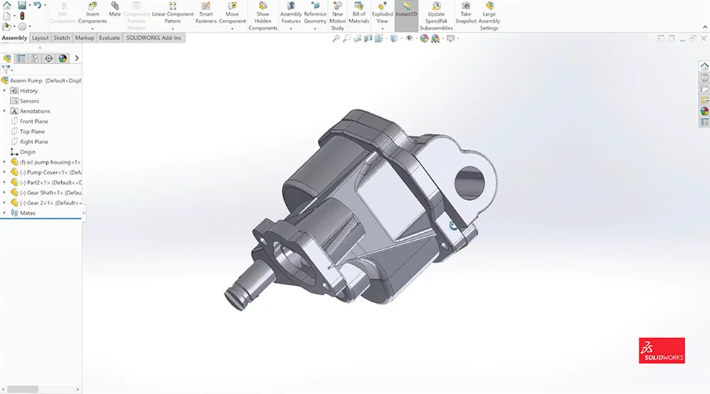Parametric SolidWorks mechanical assembly mid-design.