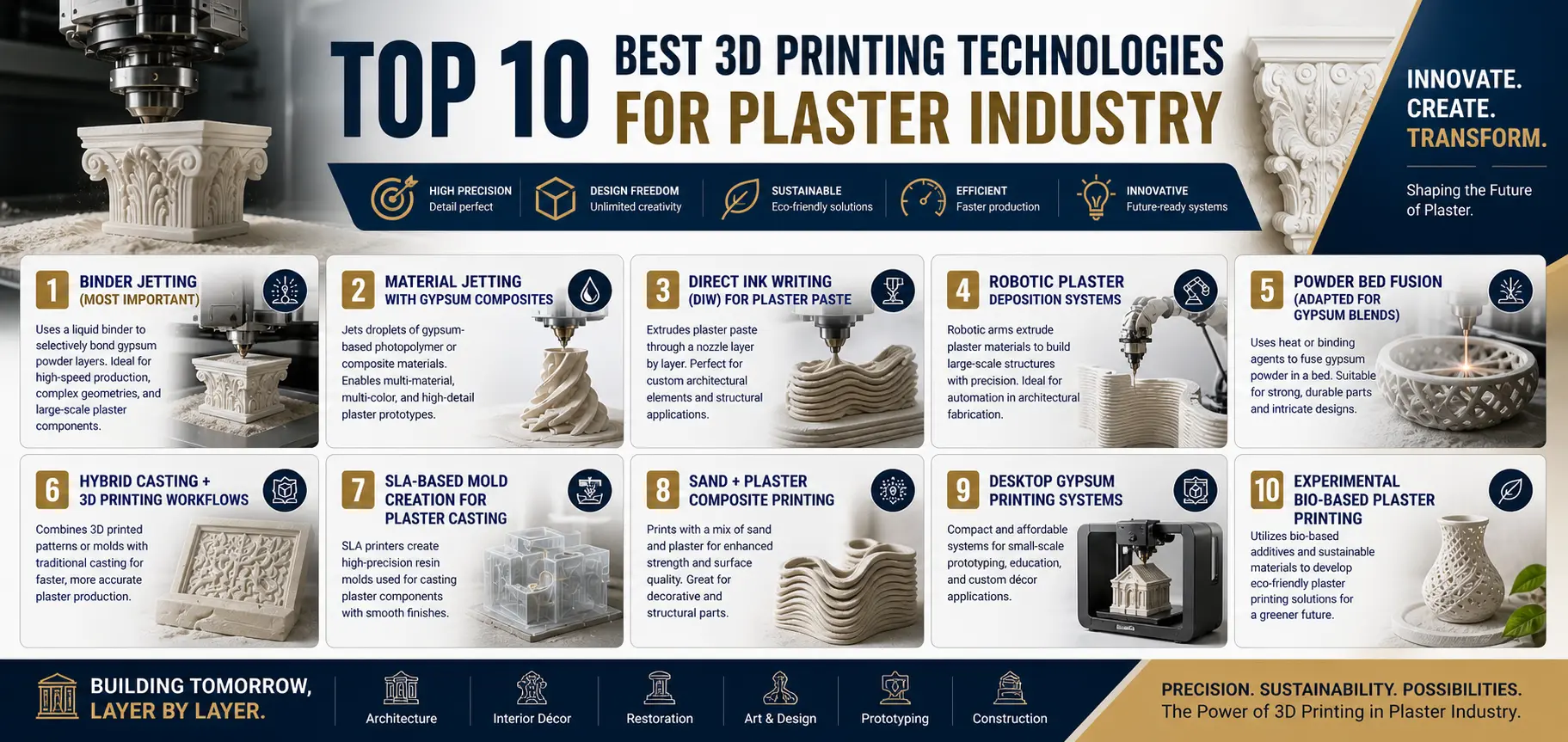 Top 10 Best 3D Printing Technologies for Plaster Industry